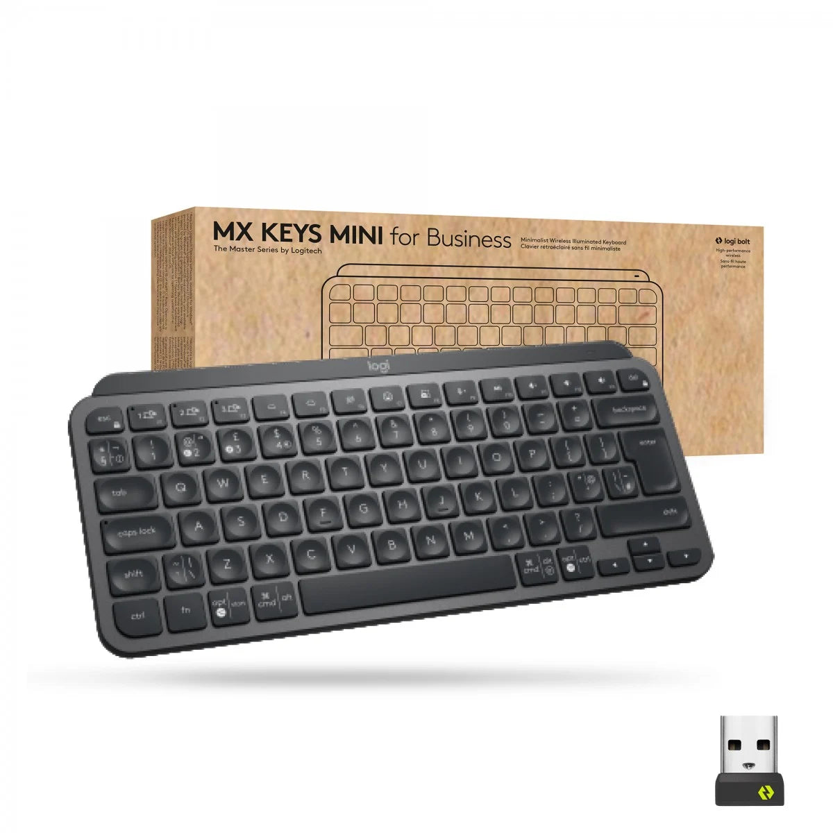 Logitech MX Keys Mini for Business QWERTY keyboard in black color with a wireless USB receiver, displayed alongside its packaging.